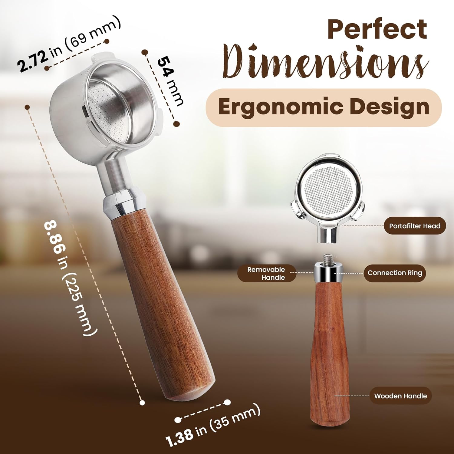 54mm Bottomless Portafilter Compatible with Barista, Bambino, Duo-Temp, Infuser Espresso Machines with 18g Filter Basket, 304 Stainless Steel 3-Ear Head with Rosewood Handle, Espresso Accessories