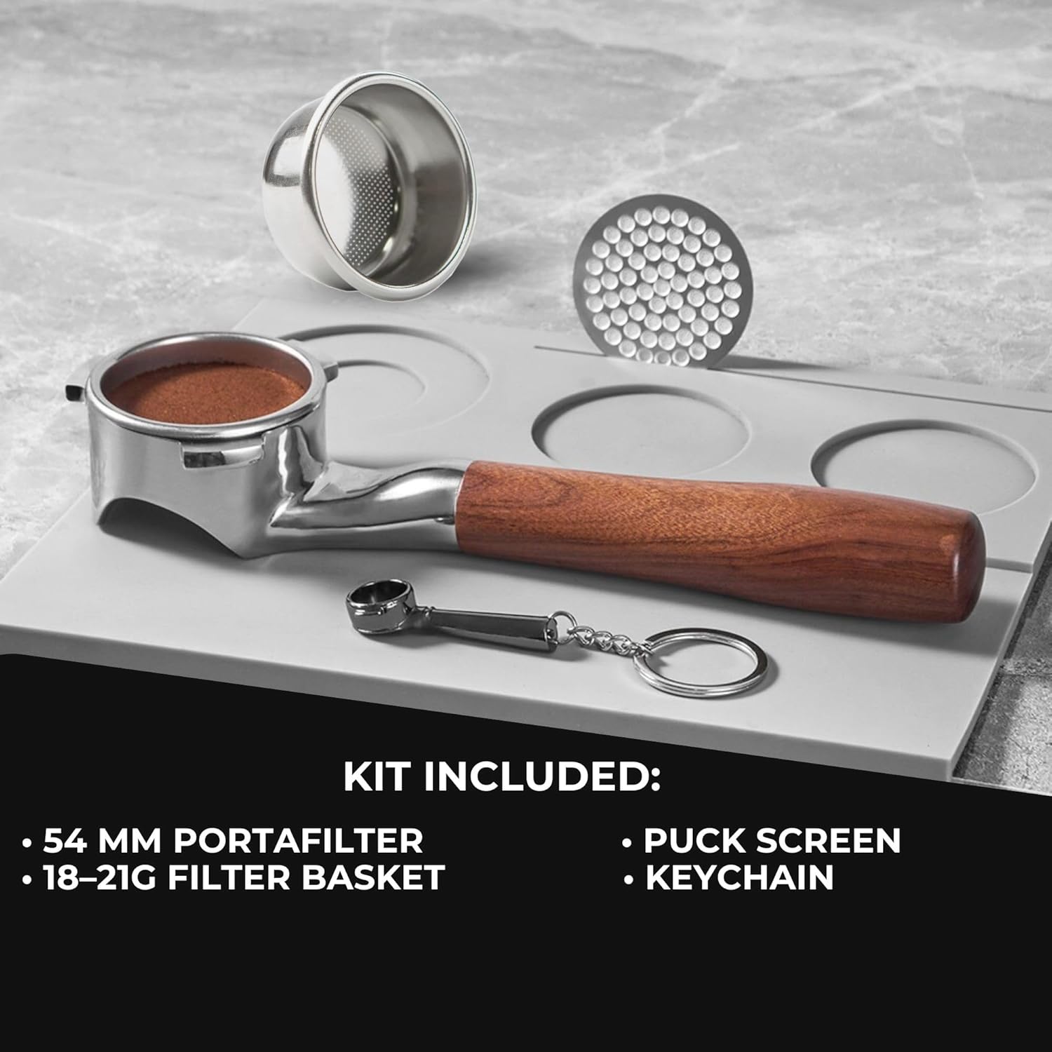 54mm Bottomless Portafilter Flat for Breville/Sage – Fits Barista Express, Pro, Touch, Bambino & Bambino Plus, Infuser – Rosewood Handle – Includes 18–21g Filter Basket & Puck Screen