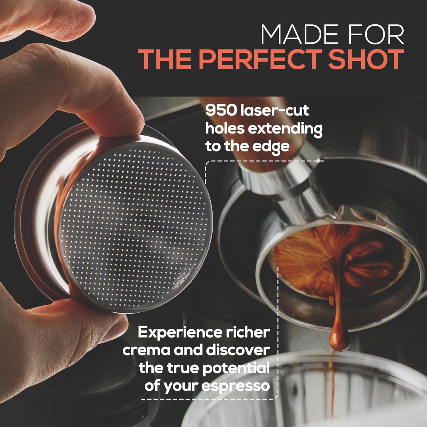 54mm Bottomless Portafilter 18-21g Precision Basket with 950 Laser-Cut Holes for High Extraction Compatible for Breville Barista Express, Pro, Touch, Impress, Bambino, Bambino Plus and Infuser