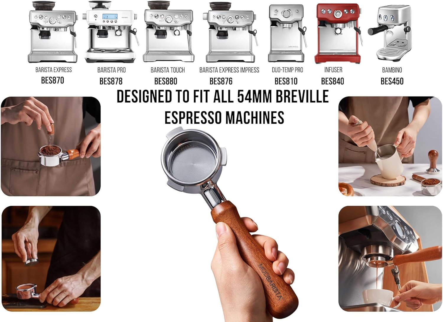 54mm Bottomless Portafilter-Tamper-Milk Frother-WDT Tool-Breville-Rosewood -Barista Coffee Espresso machine Accessories-Premium-Gift for Coffee Lovers MODBARISTA Premium Barista 4-IN-1 kit