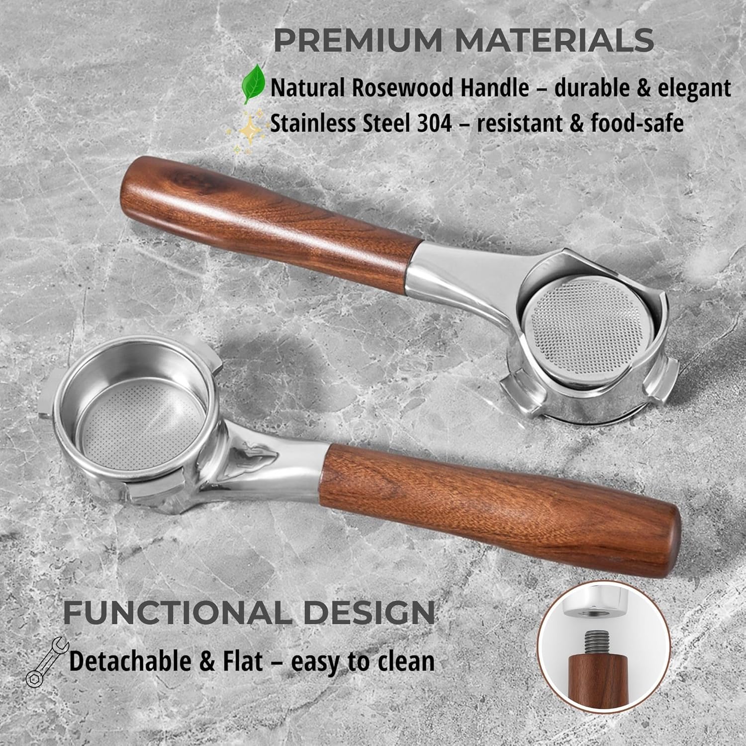 54mm Bottomless Portafilter Flat for Breville/Sage – Fits Barista Express, Pro, Touch, Bambino & Bambino Plus, Infuser – Rosewood Handle – Includes 18–21g Filter Basket & Puck Screen