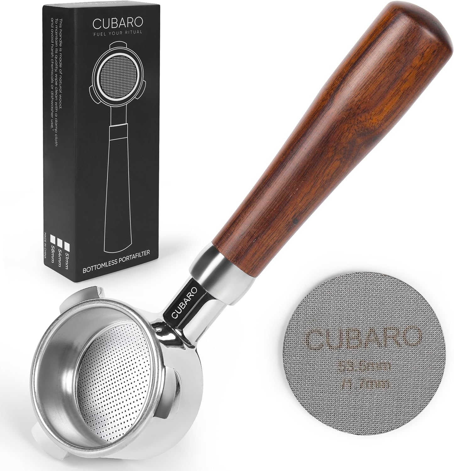 54mm Bottomless Portafilter Breville-Compatible – Walnut Wood Handle & Polished Stainless Steel Head – Fits Barista Express, Pro, Touch, Bambino Plus – 18g Filter Basket + Puck Screen Included