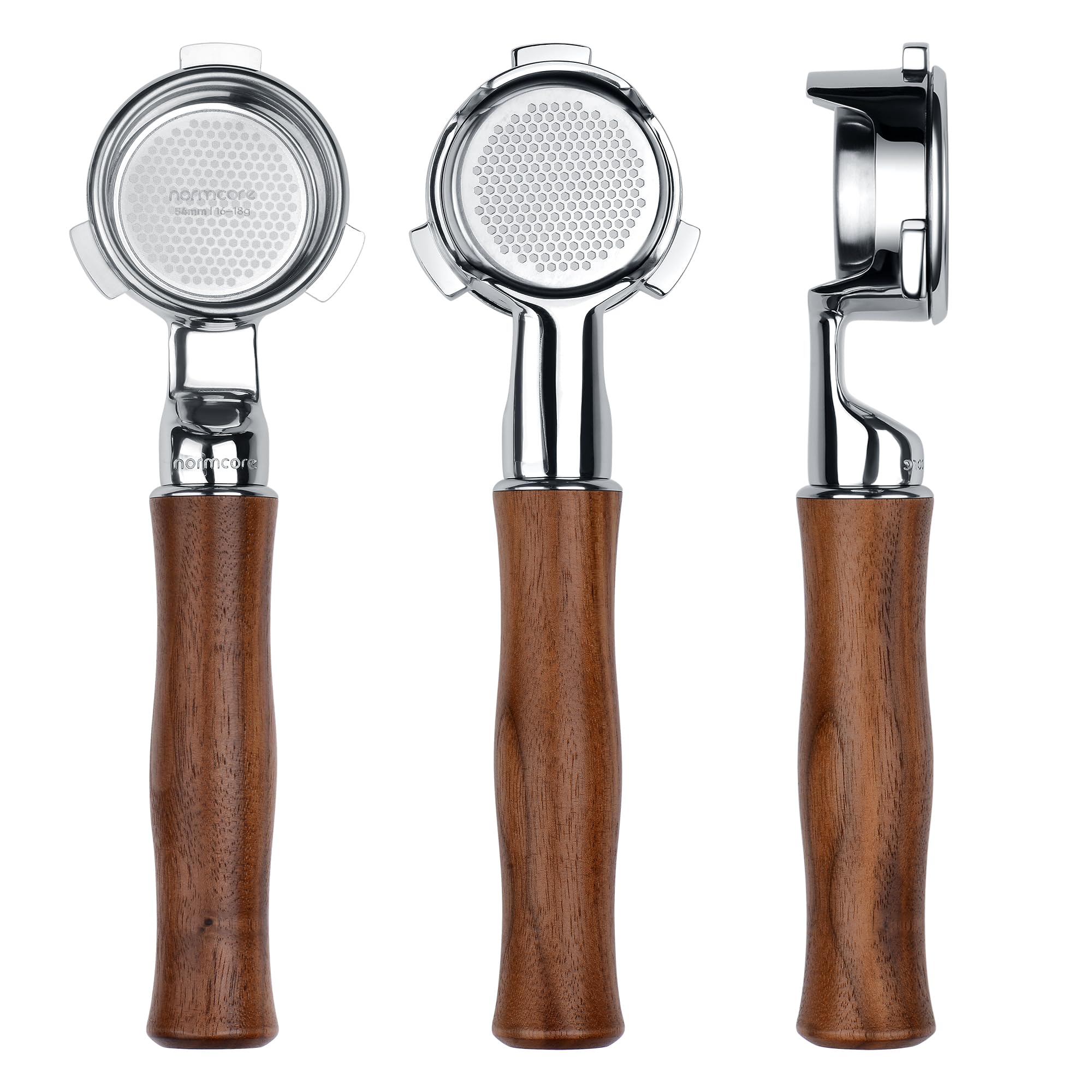Normcore 54mm Slim Naked Portafilter with 18g Precision High Extraction Basket, Genuine American Walnut Handle Fits 54mm Breville Sage Barista Machines