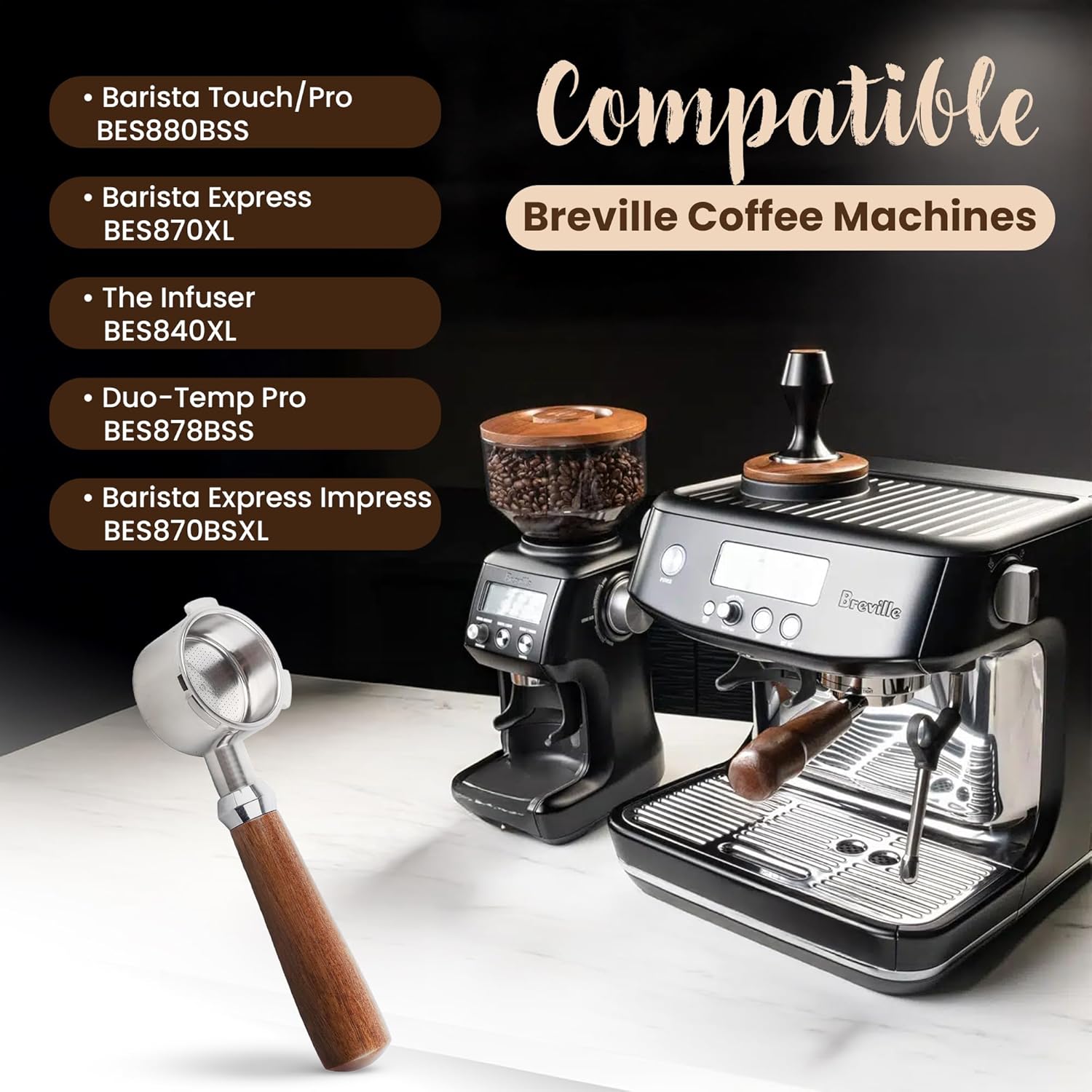 54mm Bottomless Portafilter Compatible with Barista, Bambino, Duo-Temp, Infuser Espresso Machines with 18g Filter Basket, 304 Stainless Steel 3-Ear Head with Rosewood Handle, Espresso Accessories
