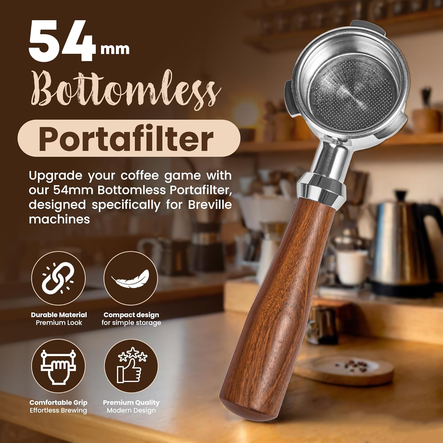 54mm Bottomless Portafilter Compatible with Barista, Bambino, Duo-Temp, Infuser Espresso Machines with 18g Filter Basket, 304 Stainless Steel 3-Ear Head with Rosewood Handle, Espresso Accessories