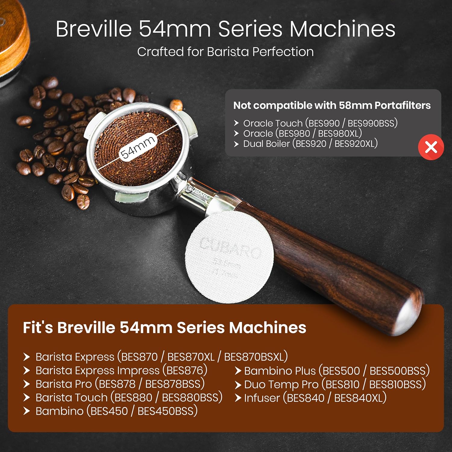 54mm Bottomless Portafilter Breville-Compatible – Walnut Wood Handle & Polished Stainless Steel Head – Fits Barista Express, Pro, Touch, Bambino Plus – 18g Filter Basket + Puck Screen Included